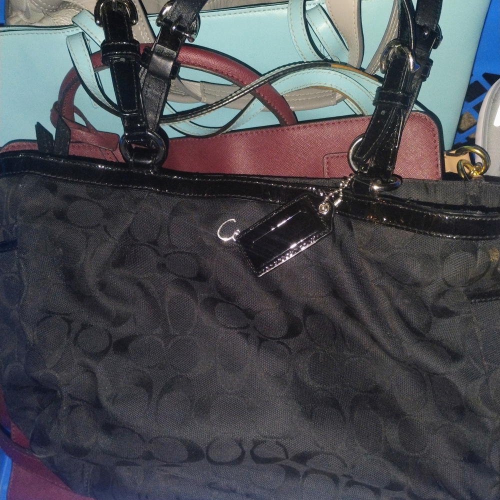 Coach Black Monogram Shoulder Bag with Leather Straps